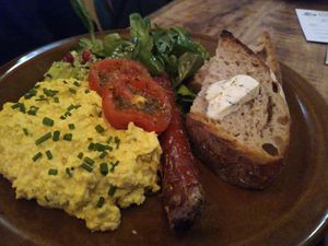 English-style breakfast with tasty Spanish sausage at Palo Verde in Prague