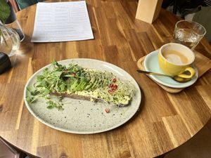 Avo & Tofu Toast with Oat Drink Cappuccino   at Palo Verde in Prague