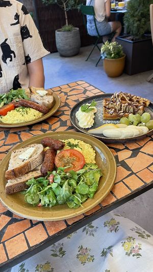 Scrambled tofu and chocolate waffles  at Palo Verde in Prague
