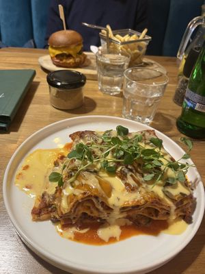 Lasagna and burger   at Palo Verde in Prague
