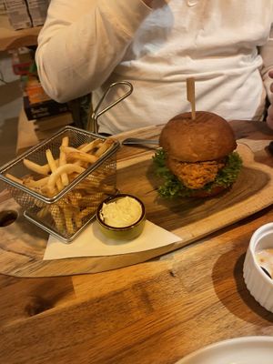 Chicken burger with fries   at Palo Verde in Prague