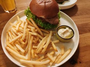 Chicken burger and fries at Palo Verde in Prague