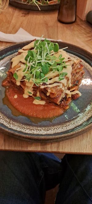 Amazing lasagne filled the plate and our bellies at Palo Verde in Prague