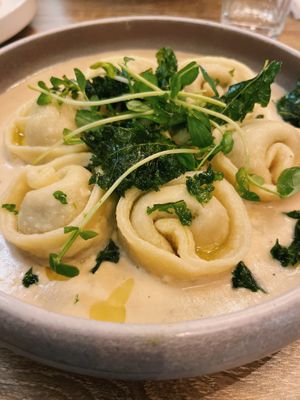 tortellini with forest mushrooms, kale, and tempeh in a cannellini bean sauce with truffle
oil at Palo Verde in Prague