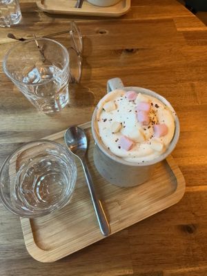 vegan Hazelnut hot chocolate with whipped cream and marshmallows   at Palo Verde in Prague