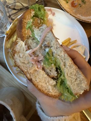 Side view of the vegan fish burger   at Palo Verde in Prague