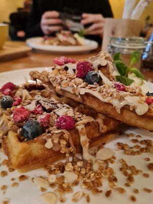 Waffles with granola at Palo Verde in Prague