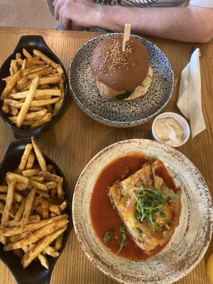 Lasagna and chicken burger with seasoned fries and hoisin dip   at Palo Verde in Prague