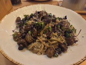 Daily menu of mushroom spaghetti at Palo Verde in Prague
