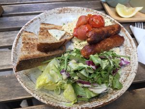 Scrambled tofu and "sausage" for breakfast at Palo Verde in Prague