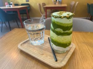 Pistachio matcha latte at Palo Verde in Prague