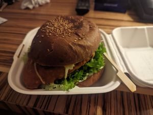 Takeout "chicken" burger at Palo Verde in Prague