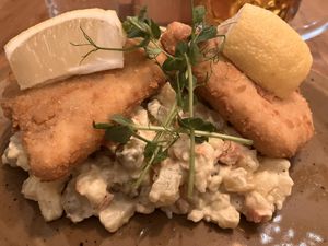 Fried breaded ‘carp’ with potatoes salad   at Palo Verde in Prague