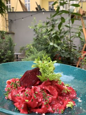fresh homemade beetroot pasta at Palo Verde in Prague
