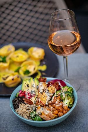 Bowl and organic wine at Palo Verde in Prague