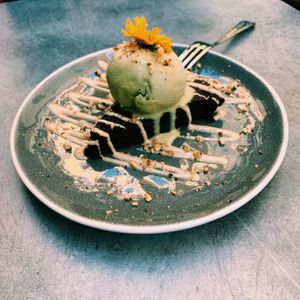Brownie with pistachio ice cream at Palo Verde in Prague
