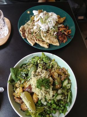 Green bowl and homemade pita at Palo Verde in Prague