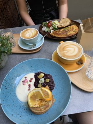Pancakes and chickpea omelette with kimchi  at Palo Verde in Prague