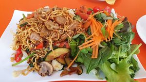 Asianudeln mit Gemüse und Salat. Auf Wunsch bekam ich Tofu und Seitan dazu. at Hippo Bio Vegan in Hannover