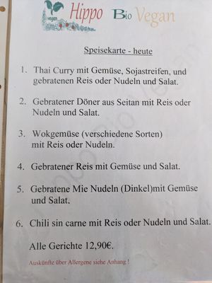 Speisekarte at Hippo Bio Vegan in Hannover