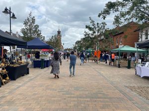 the market runs along the whole of the market place from the assembly rooms to the clocktower.  at Epsom Vegan Market in Epsom