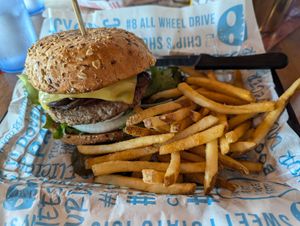 Mr. Lebowski with no tomatoes and added vegan bacon, side of "seasoned" fries at Hot Chip Burger Bar in Rochester