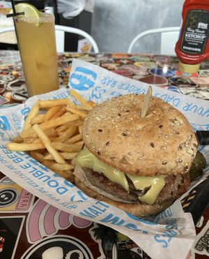 Mr. Lebowski with Seasoned Fries and a Ginger N' Juice Mocktail at Hot Chip Burger Bar in Rochester