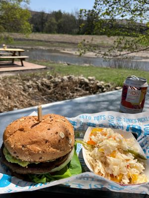 Smells Like Updog vegan burger (guacamole, vegan bacon, vegan nacho cheese, pickled jalapeno, lettuce, tomato, onion). Side of Sweet Pepper Slaw. Worth the 1-hour drive! at Hot Chip Burger Bar in Rochester