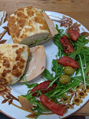 Mock meat ham sandwich with avocado at Embrace Cafe in North London