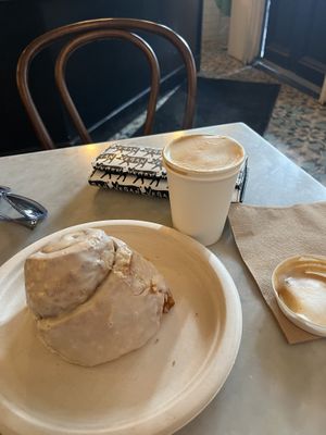 Cinnamon roll and cappuccino   at Terms of Endearment in Brooklyn