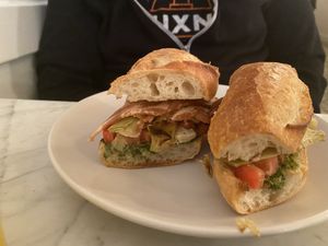 Artichoke mozzarella sandwich with fresh pesto at Terms of Endearment in Brooklyn
