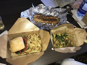 Bean burger with Fries and Cavelli al verde with garlic bread at The Loaf in Fernie