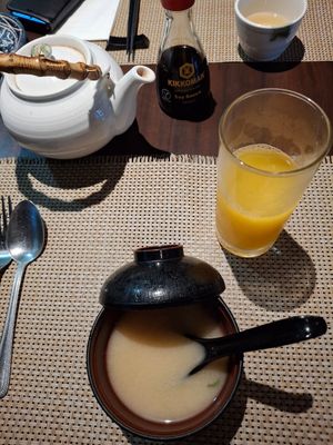 Miso soup, mango juice and green tea at Akasaka in Milton Keynes