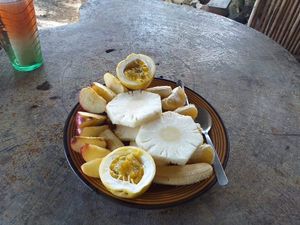 Fruit platter with passion fruit syrup at Comedor Julias in Ometepe