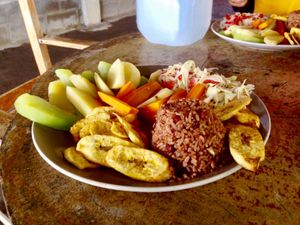 Gallo pinto with green plantain, salad and veggies at Comedor Julias in Ometepe