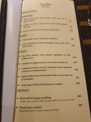Vegan menu at Peninsula in Jaffna