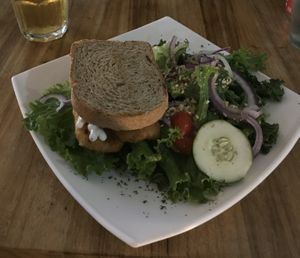 Tasty tofu sandwich with salad.   at Karma in Jaco