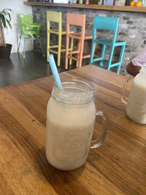 Batido energy (mani, banano, dátiles y leche de almendras)  at Karma in Jaco