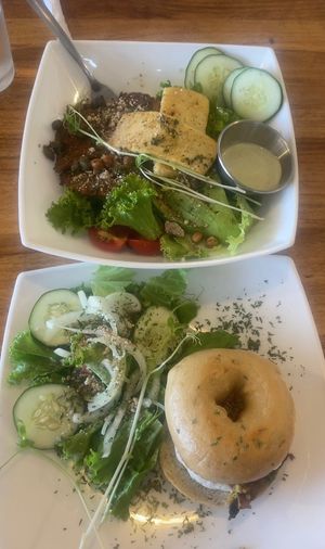 Tofu Scramble Bagel with a side salad & Chick’free Salad (with tofu added)  at Karma in Jaco