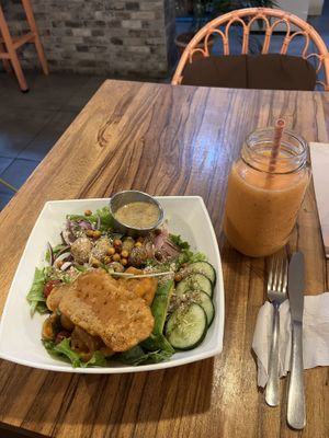 Karma bowl with fried tofu + Smoothie Sweety   at Karma in Jaco
