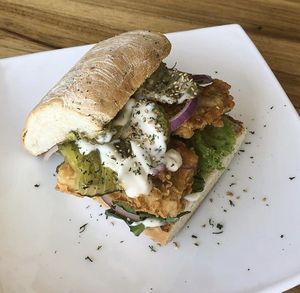 Fried tofu sandwich  at Karma in Jaco