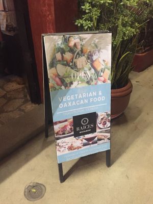 Front sign which made me aware of them having vegetarian and vegan options at Raices in Oaxaca
