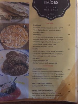 Menu at Raices in Oaxaca