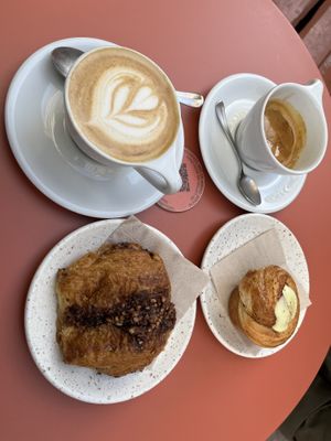oat cappuccino, coffee of the week & pastries  at Buddy Buddy in Brussels