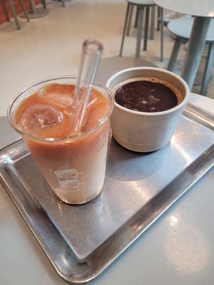 Rooibos Mylk Tea with peanut butter and large americano   at Buddy Buddy in Brussels