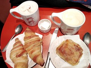 Praline Hot Chocolate + The Buddy Coffee + 2 croissants + 1 pain au chocolat at Buddy Buddy in Brussels