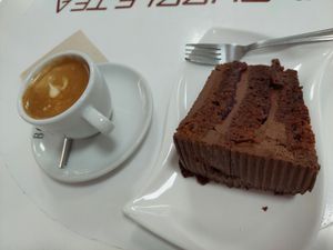 Cortado w/ soy milk + vegan chocolate cake at Hi! Bubble tea Patisserie in Gran Canaria