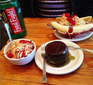 banana split, sundae, and a Boston Creme pie at Back To Eden Bakery in Portland