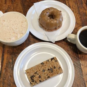 Chocolate PB Bar, Maple Peacan Mini Bundt, Chai Latte w/ Soy Milk and Small Drip Coffee at Back To Eden Bakery in Portland