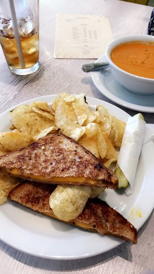 Follow Your Heart vegan grill cheese and creamy vegan tomato soup at Back To Eden Bakery in Portland
